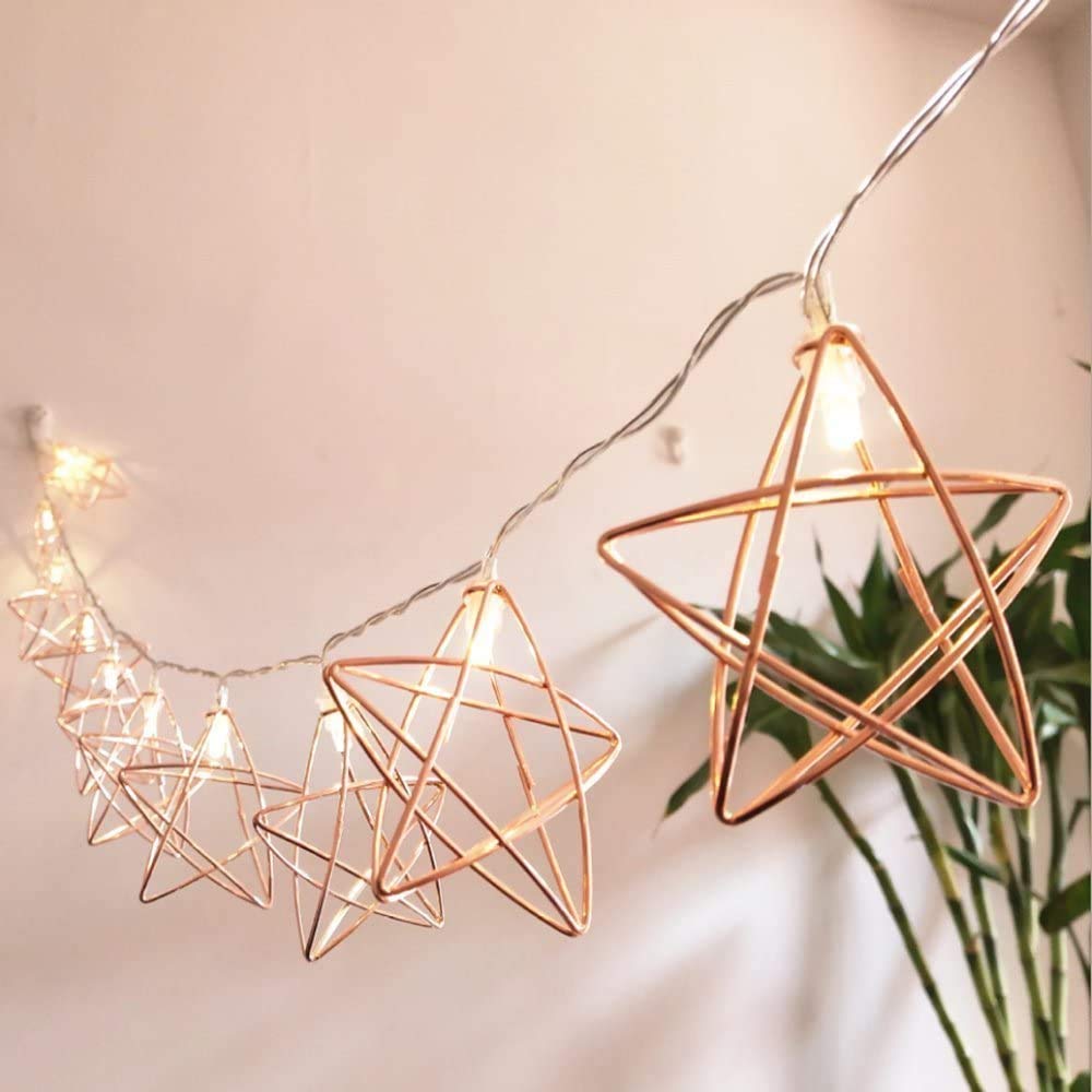 Hulx Rose Gold Geometric String Lights, 3M 20Led Metal Fairy String Lights Geometric Metal Fairy Lights Battery Operated Fairy Lights (Star)