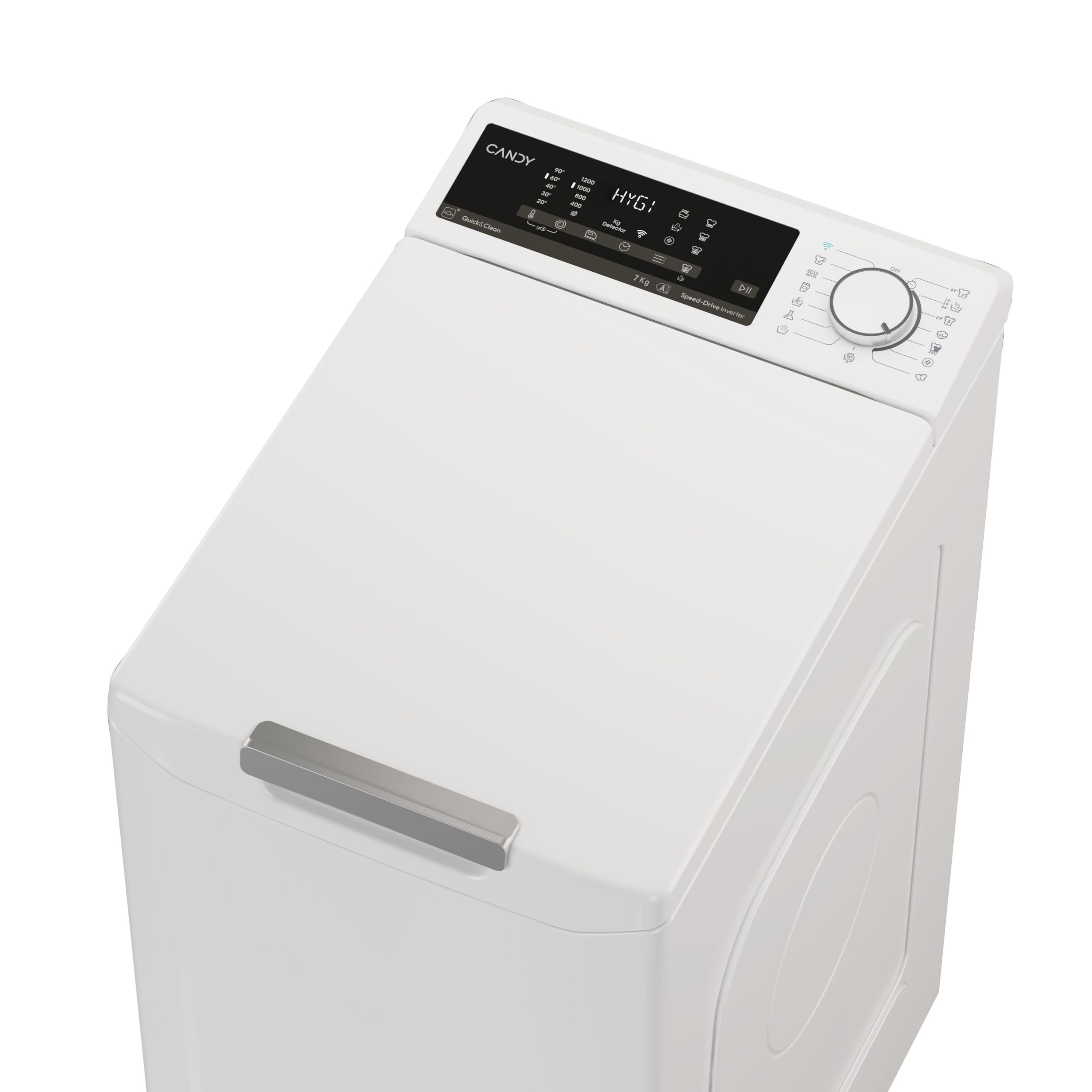 Candy ProWash 500 Lavatrice Carica dall’Alto 7 Kg 1200 RPM Classe A Slim 40,5 cm WiFi App hOn Motore Inverter AI Weight Sense 17 Programmi Rapidi AxLxP 86x40,5x60 cm TCA274TM5-S