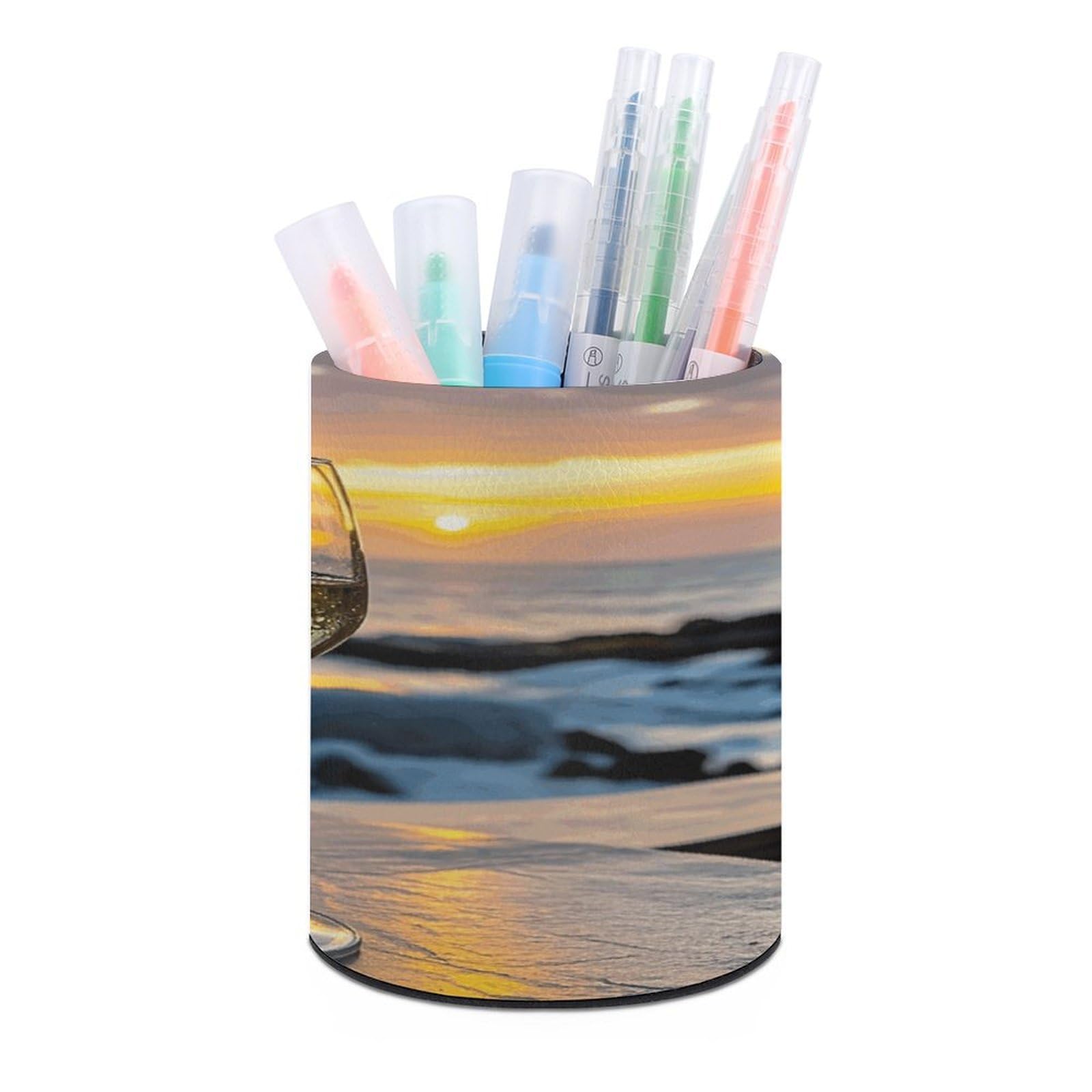 VstaDank Sunset Wine Glass Pen Holder Round Pencil Holder Cup Pen Container PU Leather Desk Organizer Stand Decor Brush Scissor Holders Decoration Office Desk Home (3.1 X 3.9 Inches)