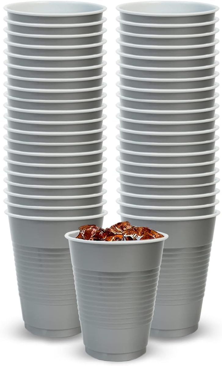 Silver Solid Color Premium Heavy Weight Plastic Cup (18 Oz.) 50 Count - Elegant & Durable, Perfect for Parties, Weddings & Everyday Use