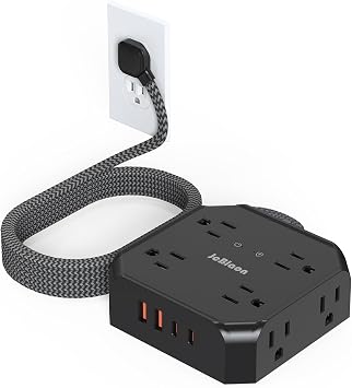 JcBlaon Power Strip Surge Protector, Multi Plug wall Outlet with 8 AC Outlet 4 USB2 USB C, 4-Sided 1050J Outlet Extender with 5FT Flat Extension Cord for Home Office Dorm Room EssentialsBlack
