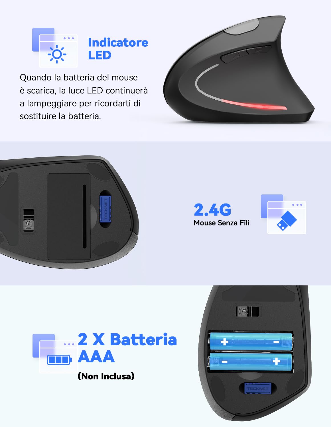TECKNET Mouse Verticale Wireless 4800 DPI Ergonomico 6 Pulsanti Nero