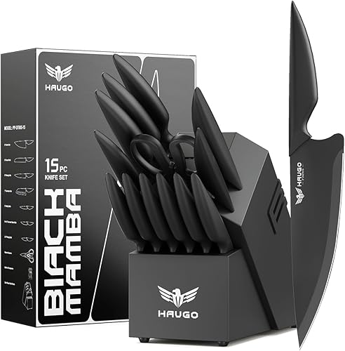 Juego de cuchillos de cocina de 15 piezas con afilador integrado, acero inoxidable alemán de alto carbono, juego de bloques de cuchillos aptos para