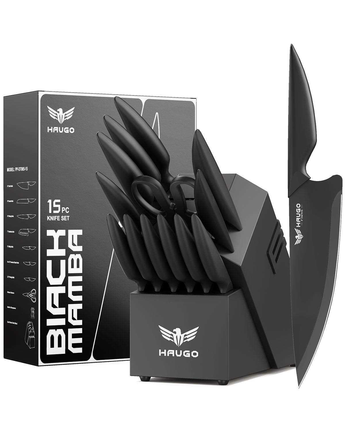 Haugo Kitchen Knife Set with Block: 15-Piece High Carbon Stainless ...