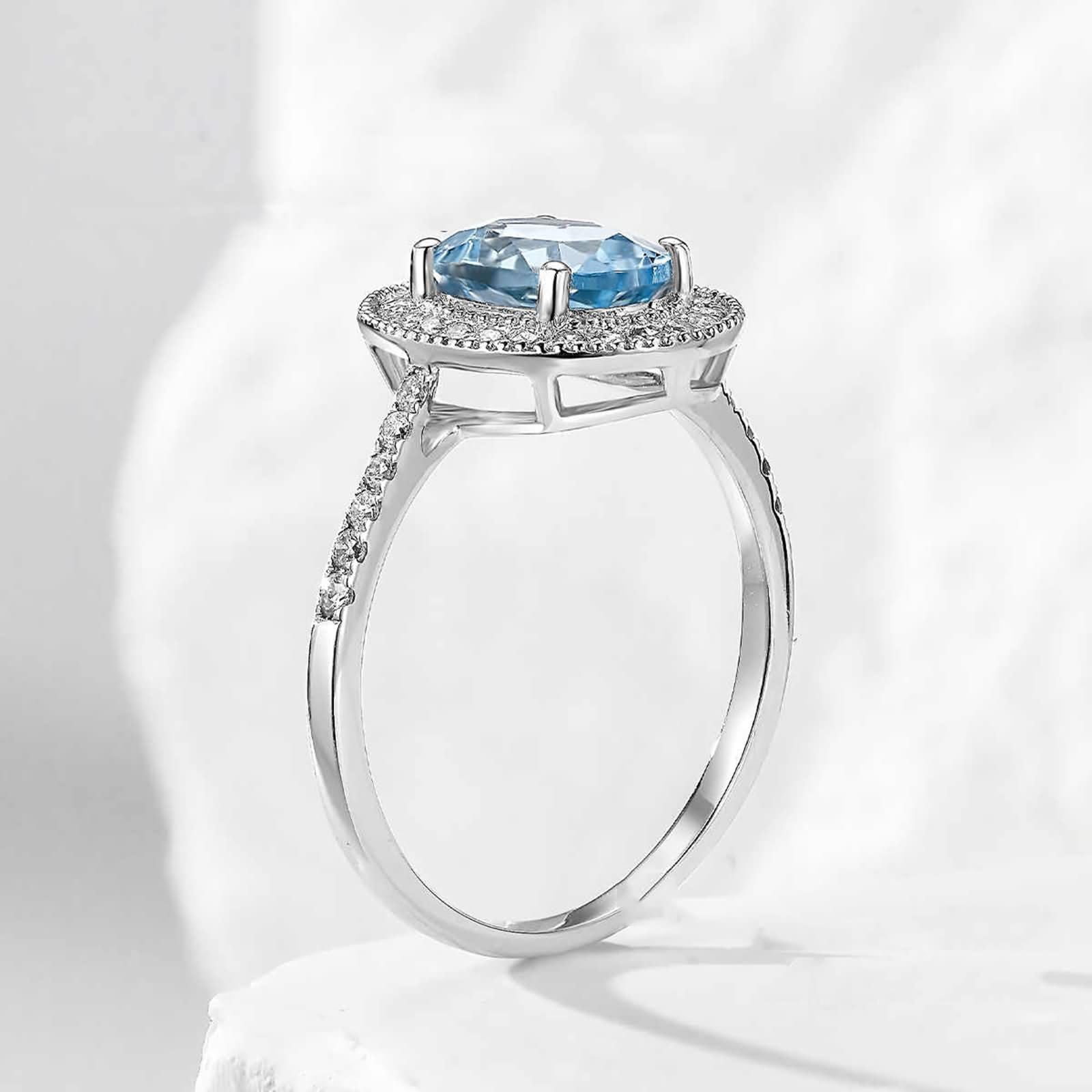 Anillos Mujer de Oro Blanco 9 Kilates / 14 Kilates / 18 Kilates Boda, 4 Garras Oval con Aguamarina de 1,1 ct y Diamante de 0,2 ct, Anillos Alianzas Mujer Plata Azul