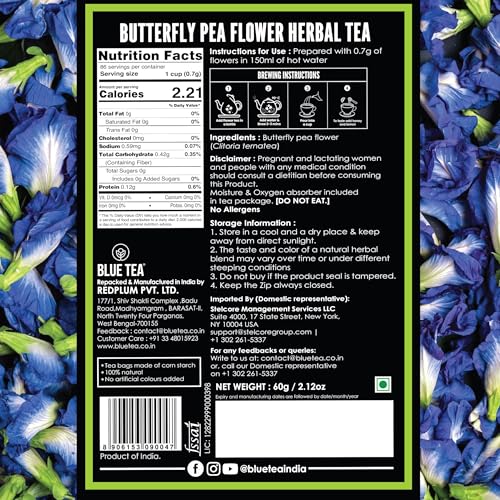 Image of BLUE TEA - Butterfly Pea Flower Tea - 2.11 Oz (150+ Cups) | Antioxidant Rich | Chemical Free - Herbal Tea - Caffeine free - Non Bitter - No Preservatives | Zipper Pack (Pack of 2)