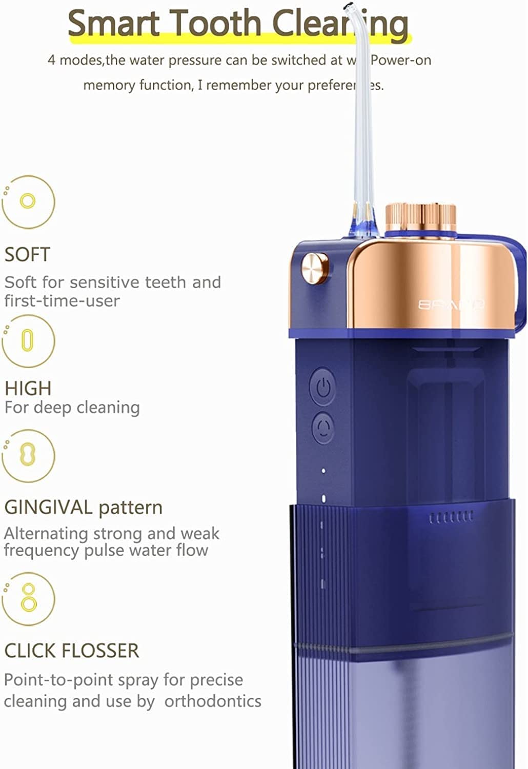 Przenośny bezprzewodowy irygator dentystyczny do jamy ustnej ze zbiornikiem 220 ml i 4 dyszami, baterią 1800 mAh, głębokim czyszczeniem zębów 360 ° (Blue)