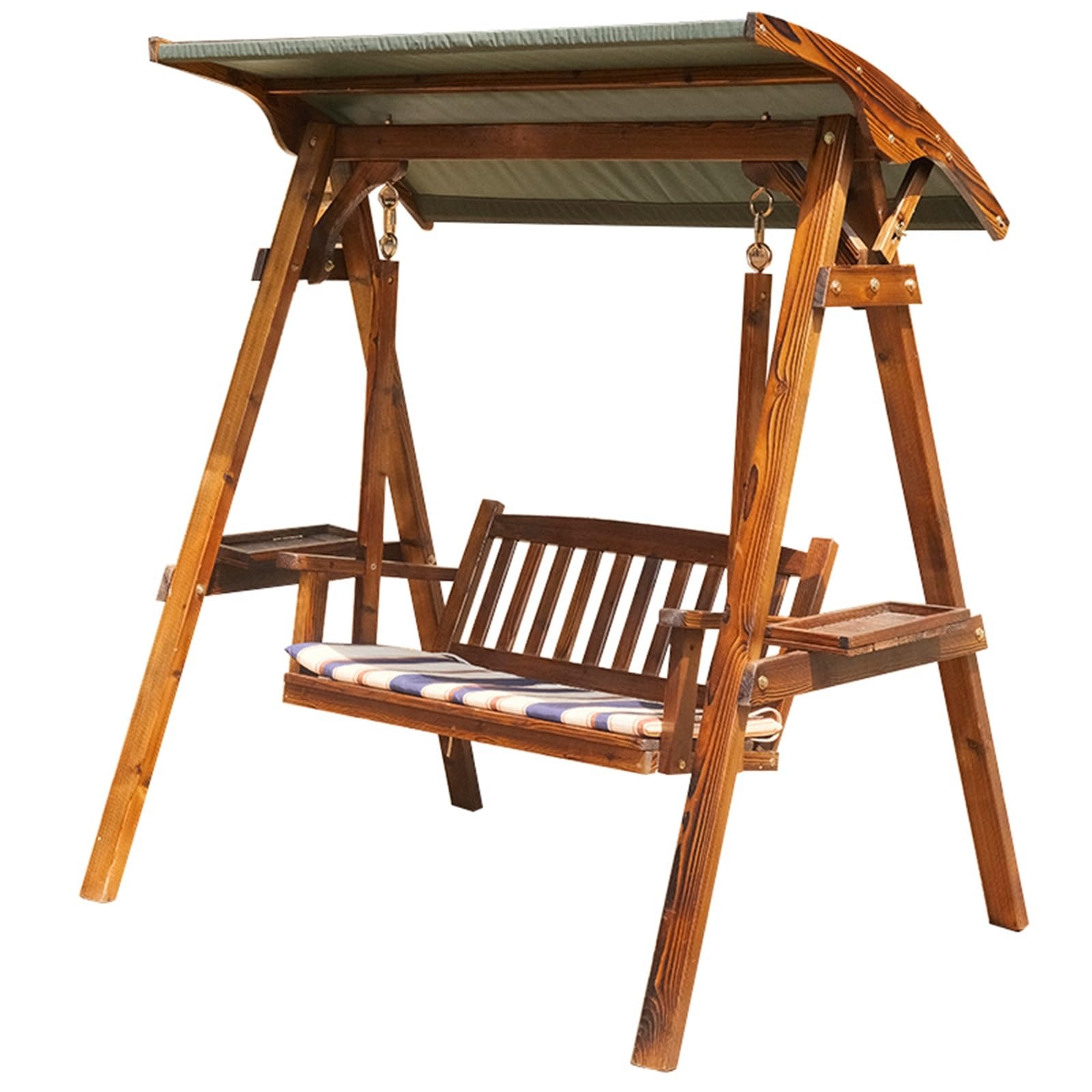Wooden Swing Bench Solid Wood Leisure Patio Swings Yard Courtyard Rural Home Anti Corrosion Double Rocking Chair Terrace Sillas Outdoor Furniture(A With canopy)