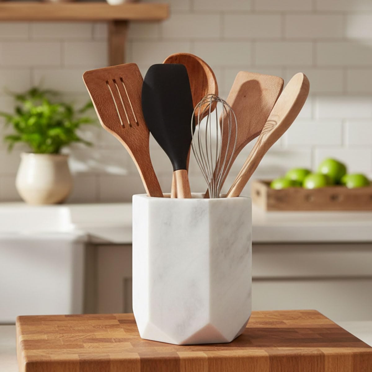 Radicaln Marble Utensil Holder 6.5'' Inches White Spoon Holder for Kitchen Counter, Ideal Kitchen Utensils Set Organizer For Farmhouse Kitchens Decor, Cooking Utensil & Spatula Set