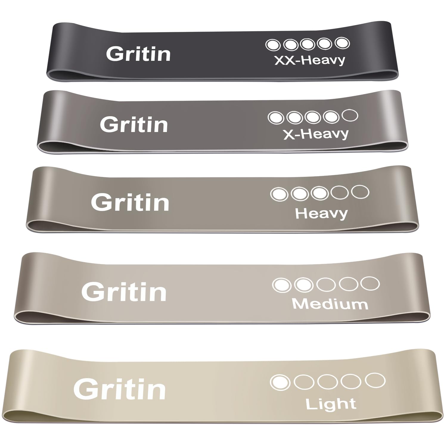 Gritin Resistance Bands, Set of 5 Skin-Friendly Resistance Fitness Exercise Loop Bands with 5 Different Strength Levels - Carrying Case Included - Ideal for Home, Gym, Yoga, Training