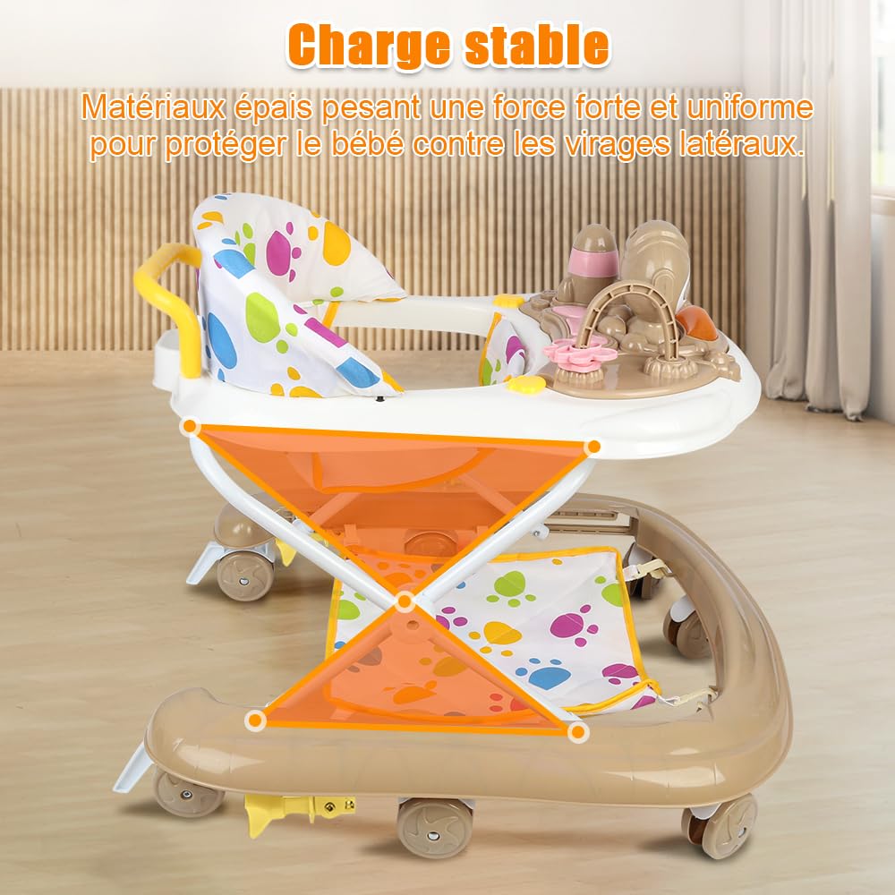 Compact Chats de l’Espace, Trotteur Bébé avec Siège à Rebond, Lumières, Musique et Jouets Interactifs, jusqu'à 20 kg, réglable, 6 Mois et Plus-62 * 68 * 36-81cm - Kaki