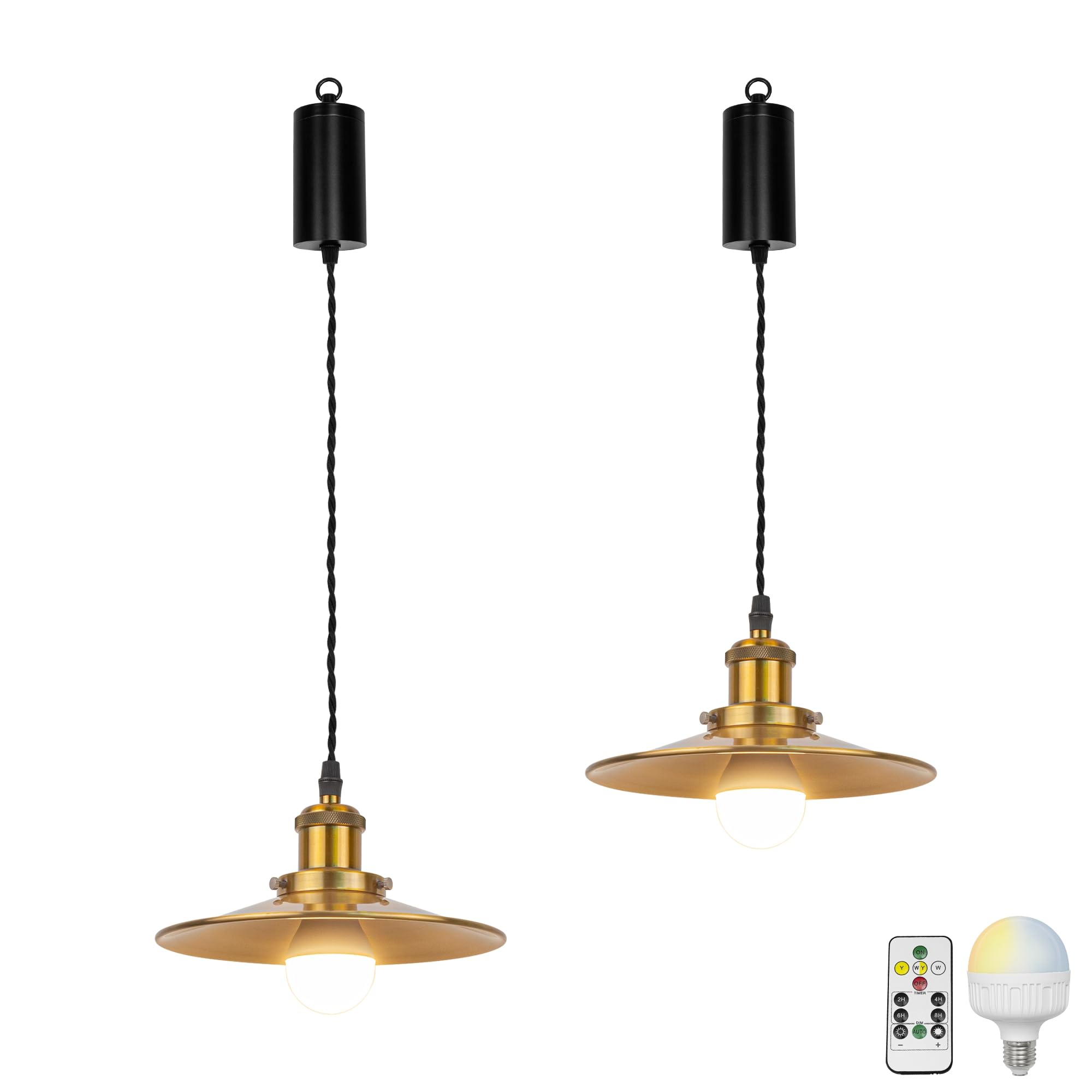 Dimmbare Hängelampe mit Batterie Innen,2er-Pack Gold Metall Hängeleuchte Batteriebetriebene Lampe, Pendelleuchte ohne Strom Stromanschluss für Küche Nachttischcafé,TB2773