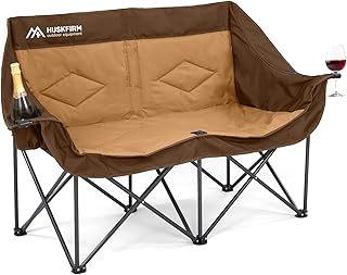 Double Camping Chairs for Adults Oversized Loveseat - 2 Person Camping Chair Heavy Duty Outdoor Camping Couch with Cup Holders - Portable Folding Chair for Outside Lawn, Brown