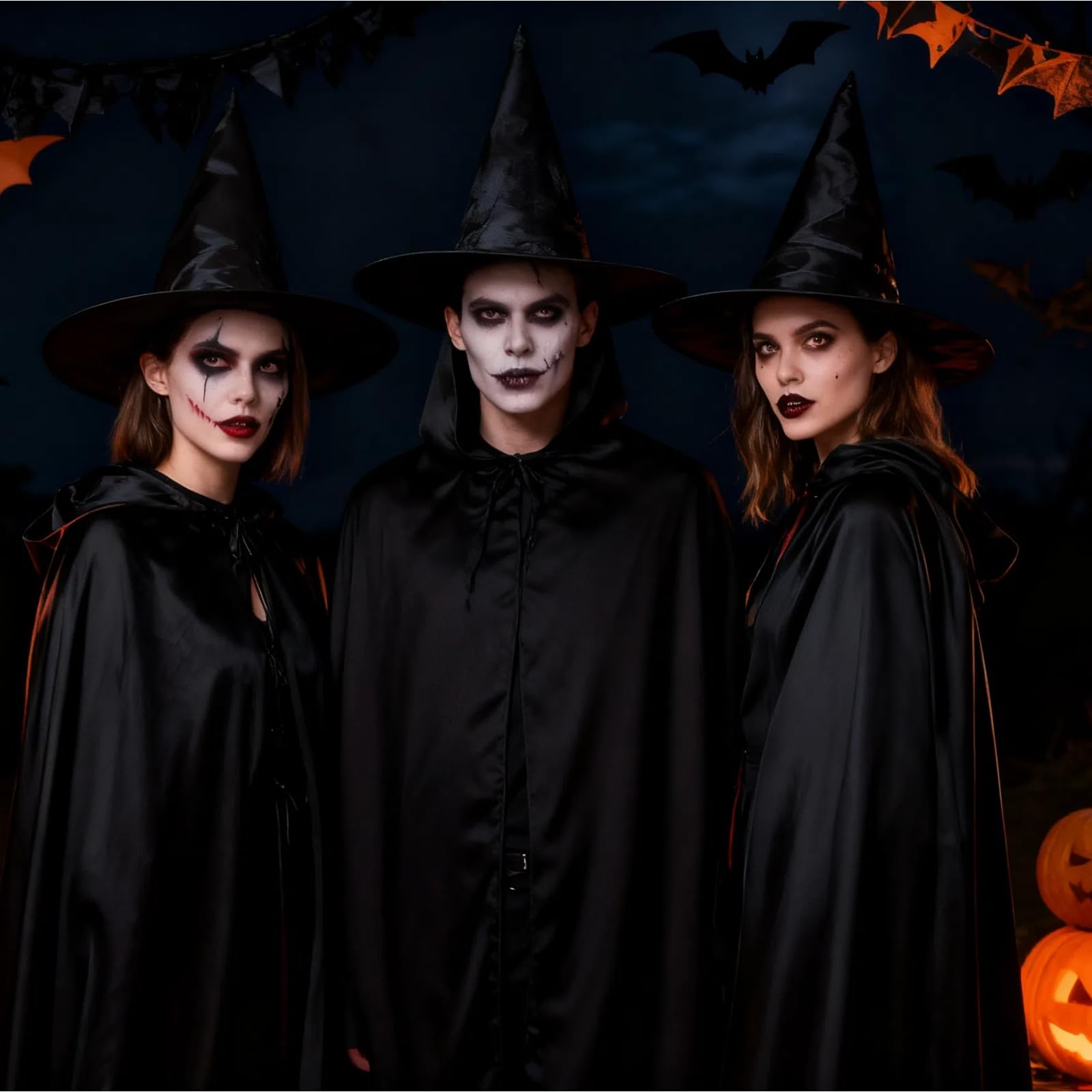 Black Cape, Black Cloak with Hood,Velvet Hooded for Halloween Costume Adults & Kids,with Bonus Scary Tattoo Stickers (M) - Image 4