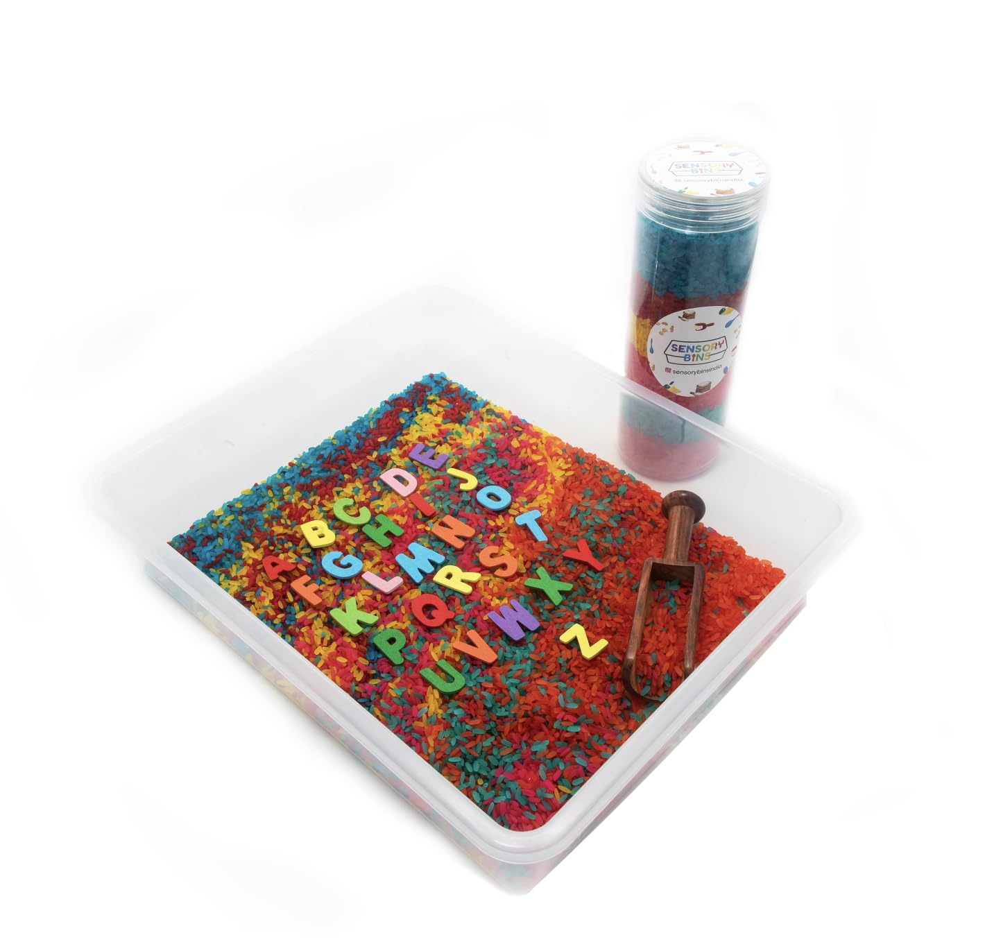 SENSORY BINS Rainbow Radiant Rice Delight Toy for Kids | Rainbow Rice 500 GM | Wooden A-Z Alphabets | Wooden Round Scoop | Container