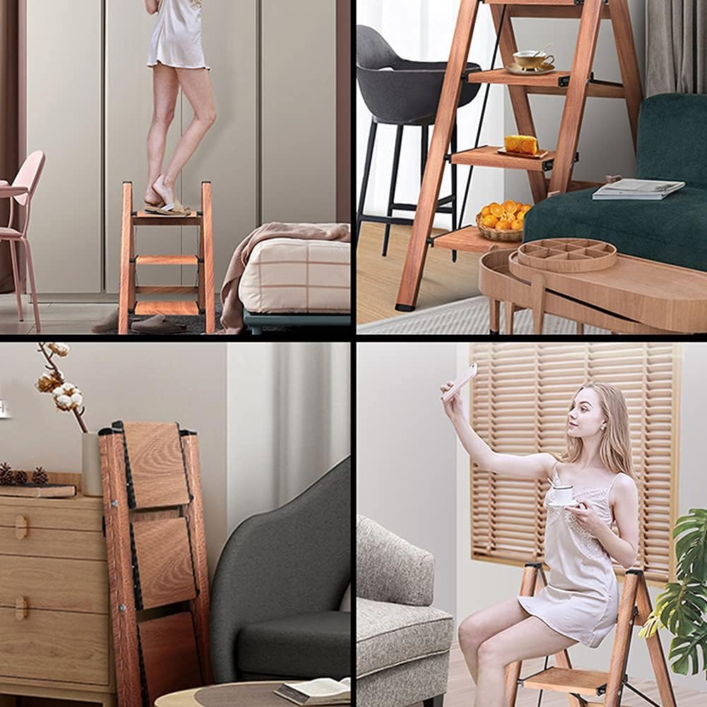 Lightweight Aluminum Woodgrain 3/4 Steps Ladder Folding Step Stool Stepladders Home and Kitchen Step Ladder Sturdy and Wide Pedal Ladders Space Saving Maximum Load 150kg