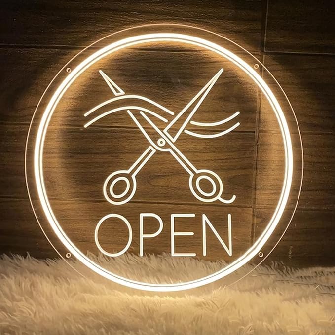 Large Round Neon LED Barber Sign for Barber Shop Wall and Window Decor Hair Salon Barber Studio Open Light Up Sign with Dimmable Switch and Hanging Chain Gifts for Hairdresser 30x30CM