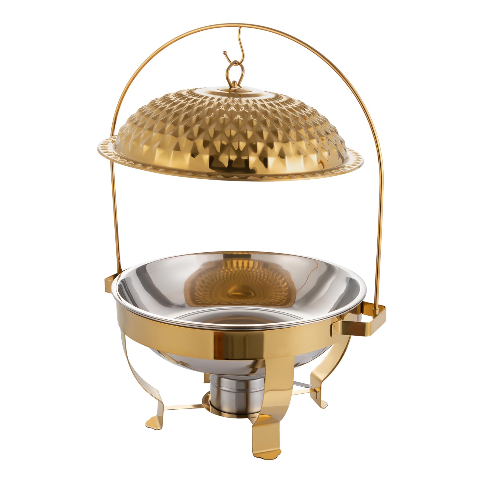 Chafer rotondo in acciaio inox con coperchio appeso, scalda buffet autoportante per sala da pranzo e catering