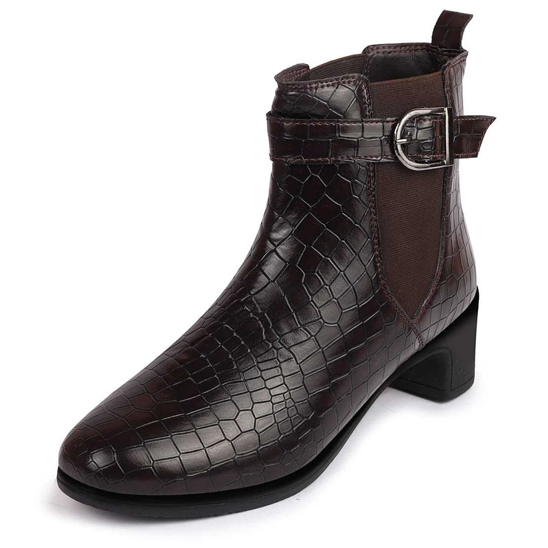 FAUSTO FST KI-251 BROWN-38 Womens Brown Flared Heel High Ankle Leopard Print Embossed Winter Buckle Strap Chelsea Boots (5 UK) (B0BQG6PW1T) Amazon Price History, Amazon Price Tracker