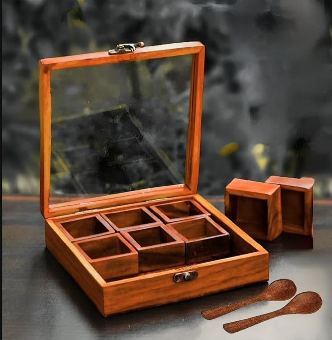 UMAAS® Spice Box for Kitchen with 2 Spoons/Sheesham Wooden Table Top Masala Dabba 9 Containers Jars & Kitchen Spice Box/Masala Box for Kitchen (Removable Partitions, Brown), ANC*53 (B0D49XR3YN) Amazon Price History, Amazon Price Tracker