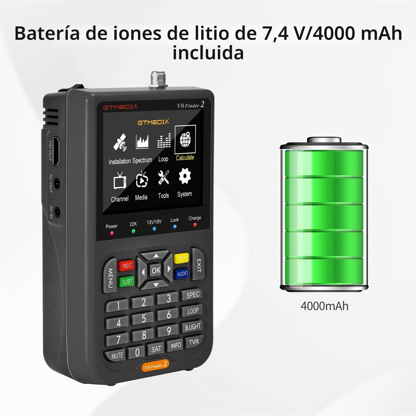 GTMEDIA V8 Finder 2 Localizadores de satélites Digital Sat Finder Meter buscador de satélites medidor de señal de Portátil satélite parabolica DVB-S/S2/S2X H.264 HD 1080P, 3.5" LCD, 7,4 V/4000 mAh
