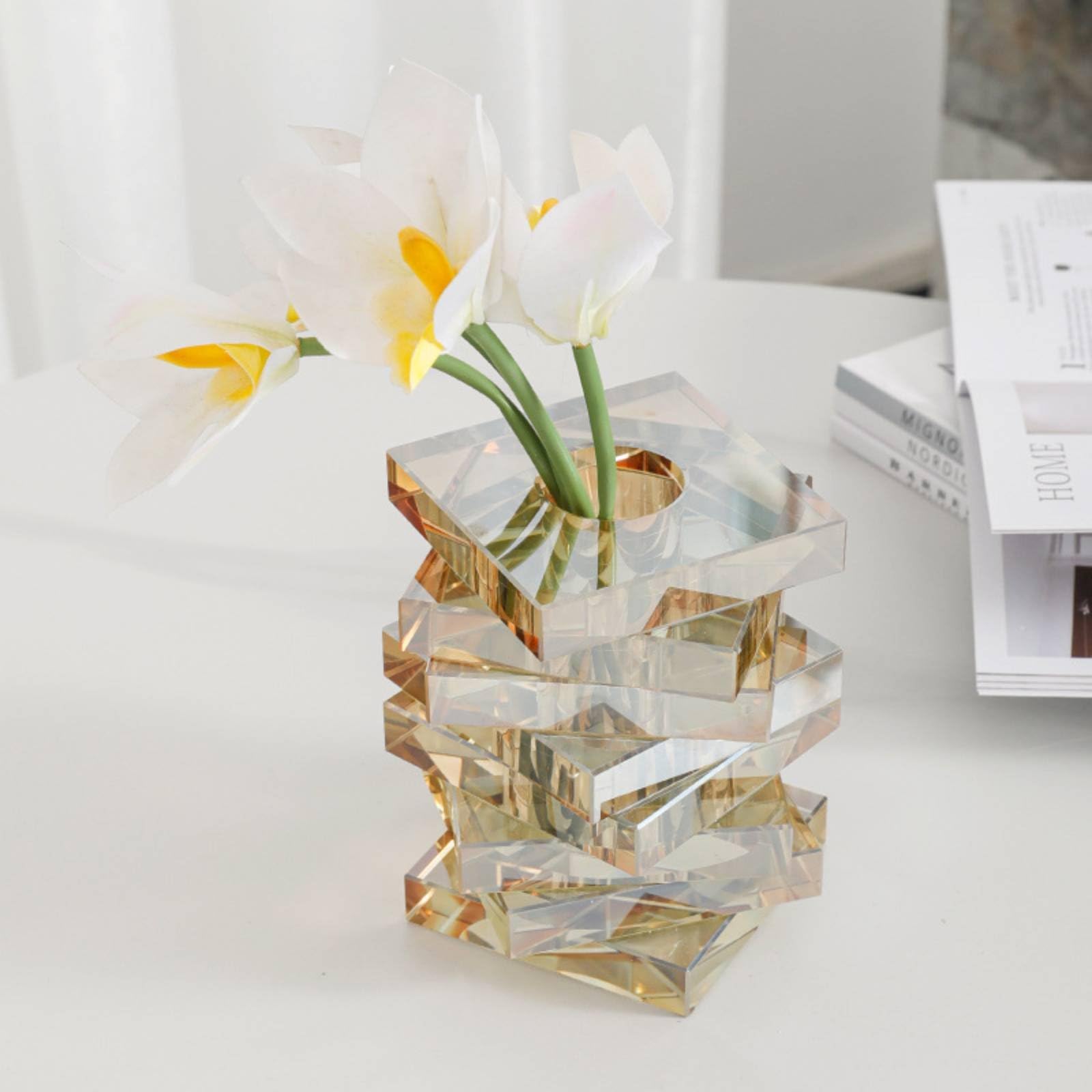 rockible Jarrón Decorativo Jarrón Florero Centro de Mesa Florero de Mesa Florero de Cristal con Efecto y Bloques Apilados Que Aportan Look Escultórico y