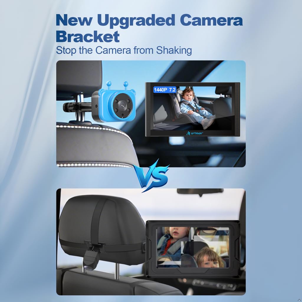 Baby Kamera Auto für 2 Kinder, Spiegel Auto Baby Rückbank 7,2 Zoll Split-Screen Doppelkamera HD 1440P IPS Touchscreen, IR-Nachtsicht & 360°Drehbar, Einfache Installation Kompatibel mit Allen Autos