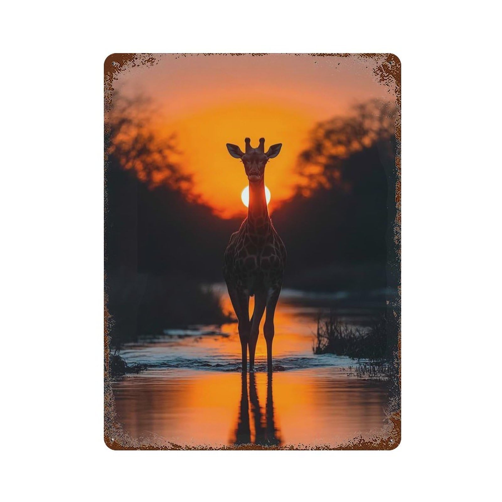 Giraffe Silhouette at Sunset 15.7"x11.8" Decorative Tin Sign, Retro Wall Decor for Bistro, Counter And Cafe Decor