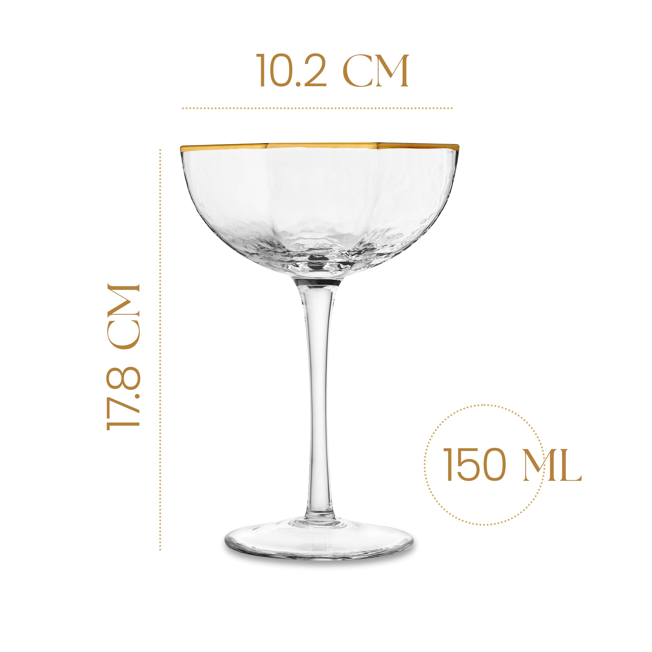 GLASSIQUE CADEAU Kleine 150 ml Prestige Espresso Martini Gläser mit Goldrand für Daiquiri, Cocktail, Champagner | 4er Set | Achteckige Kristall Coupe Gläser mit Langen Stiel | Elegante Martinigläser
