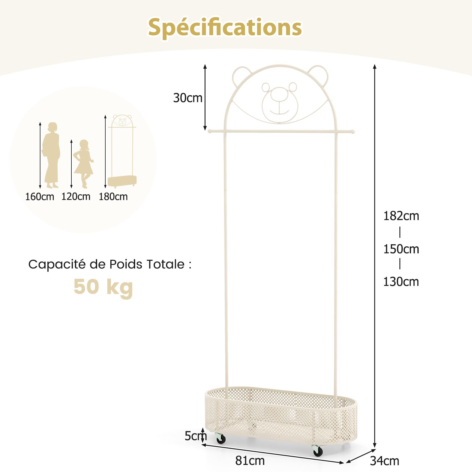 COSTWAY Portant à Vêtements Enfant en Forme d'ours avec 3 Hauteurs Réglables, Garde-Robe Enfant en Métal avec Panier Inférieur, Porte-vêtements sur roulettes pour Chambre d'enfant, Charge 50kg