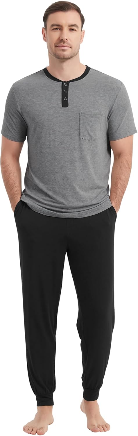 NACHILA Men's Pajamas Set-Viscose Made from Bamboo, Short Sleeve Pjs Top with Loose Pants Pajama Sets Soft V Neck Sleepwear