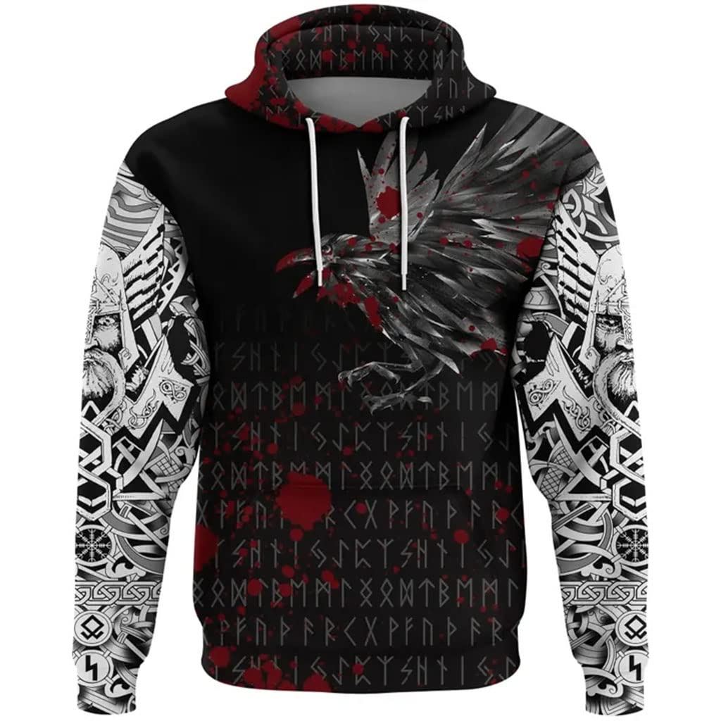 Ahtcpo Men's Hoodies 3D Print Viking Crow Hoodie, Norse Mythology Odin Raven Rune Tattoo Pullover Sweatshirt Streetwear,,Xl