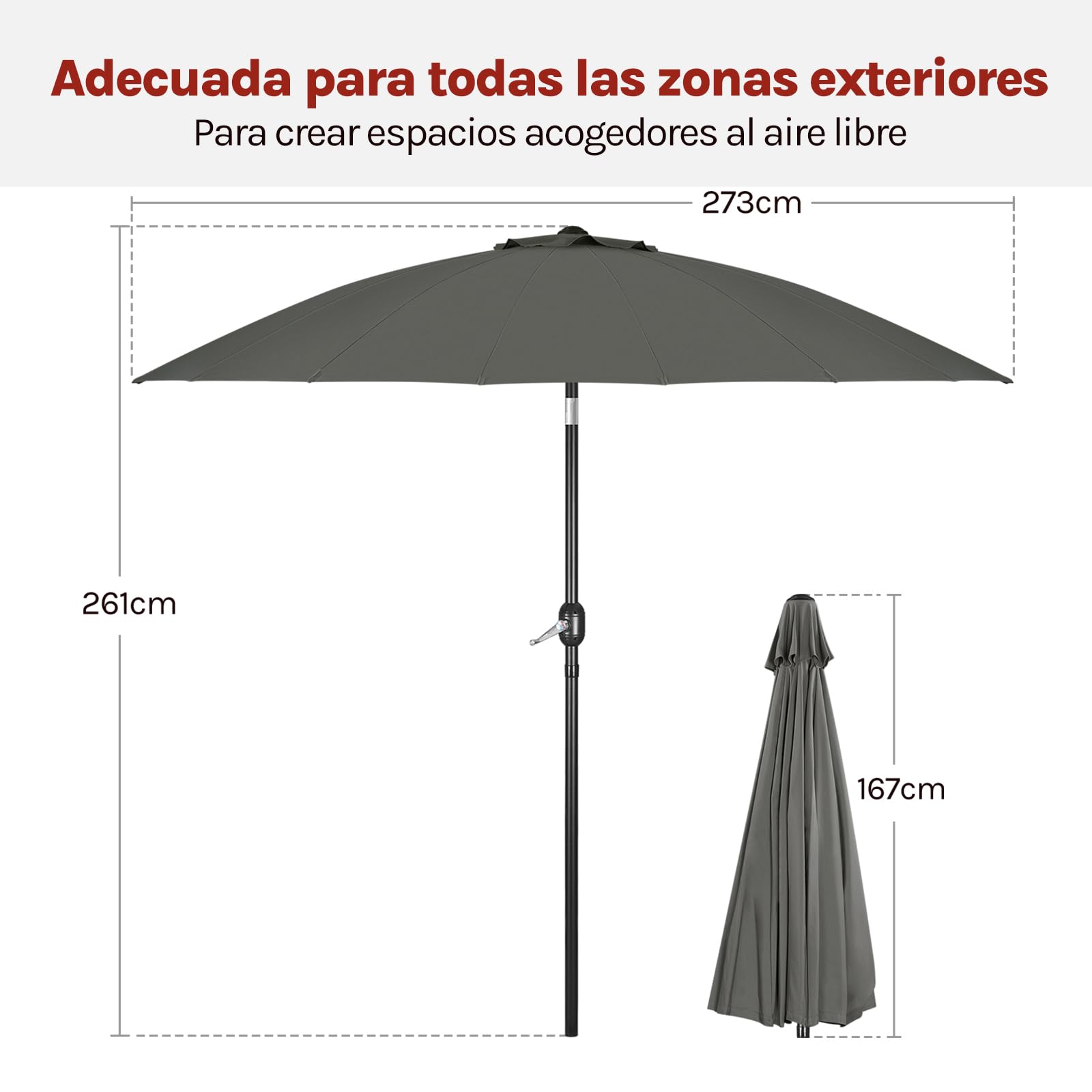 WOLTU Sombrilla de Jardín Grande, Ø257/273 cm, Sombrilla Playa con Manivela, Parasol de Exteriores con 18 Varillas Resistentes, Cortavientos, para Terraza, Patio, Piscina, Gris Oscuro