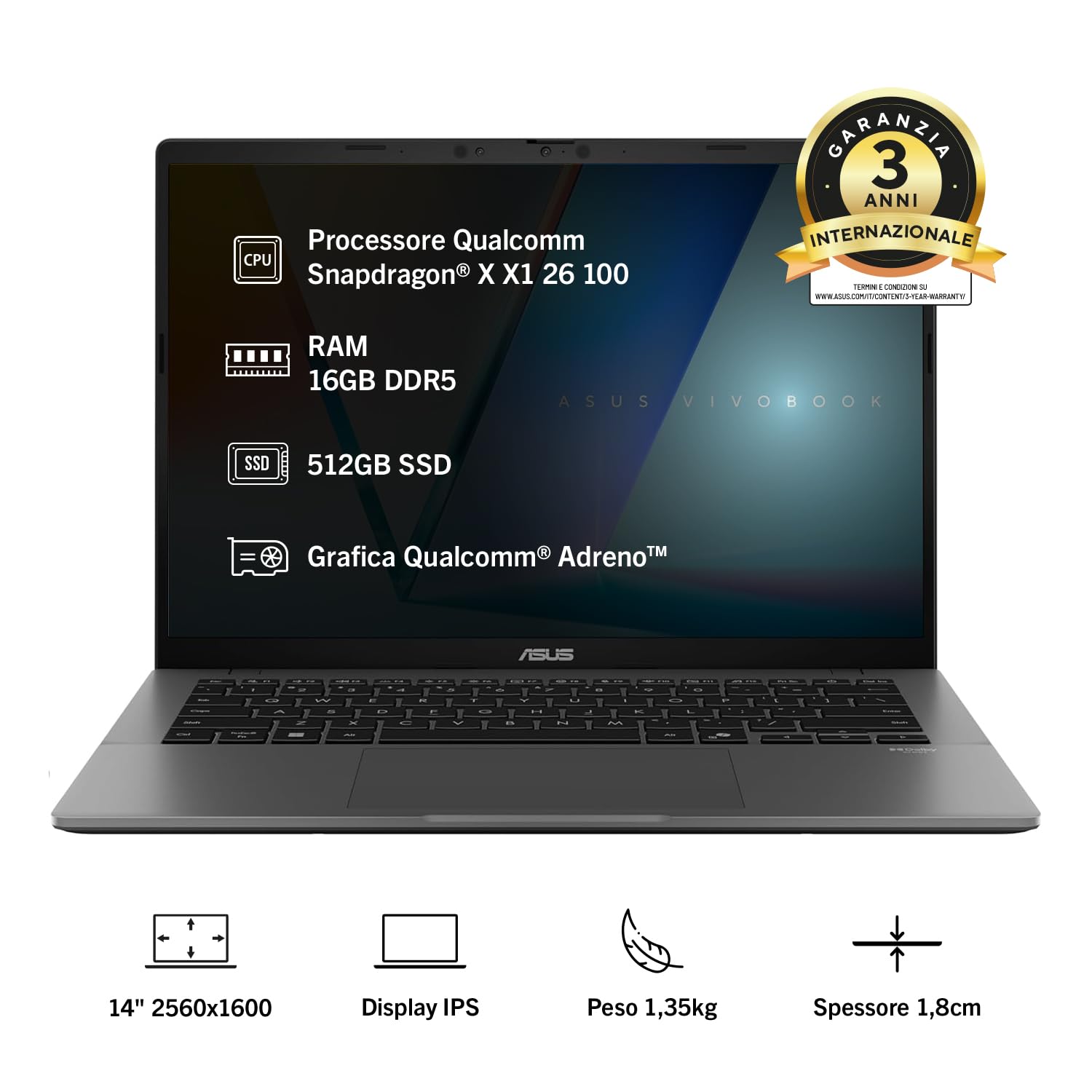 ASUS Vivobook S14 S3407QA#B0GN3KDVMR, Notebook con display 14" IPS, Anti-glare,60Hz, Snapdragon® X X1 26 100 Processor, RAM 16GB, 512GB SSD, WIN11 Home, Grigio