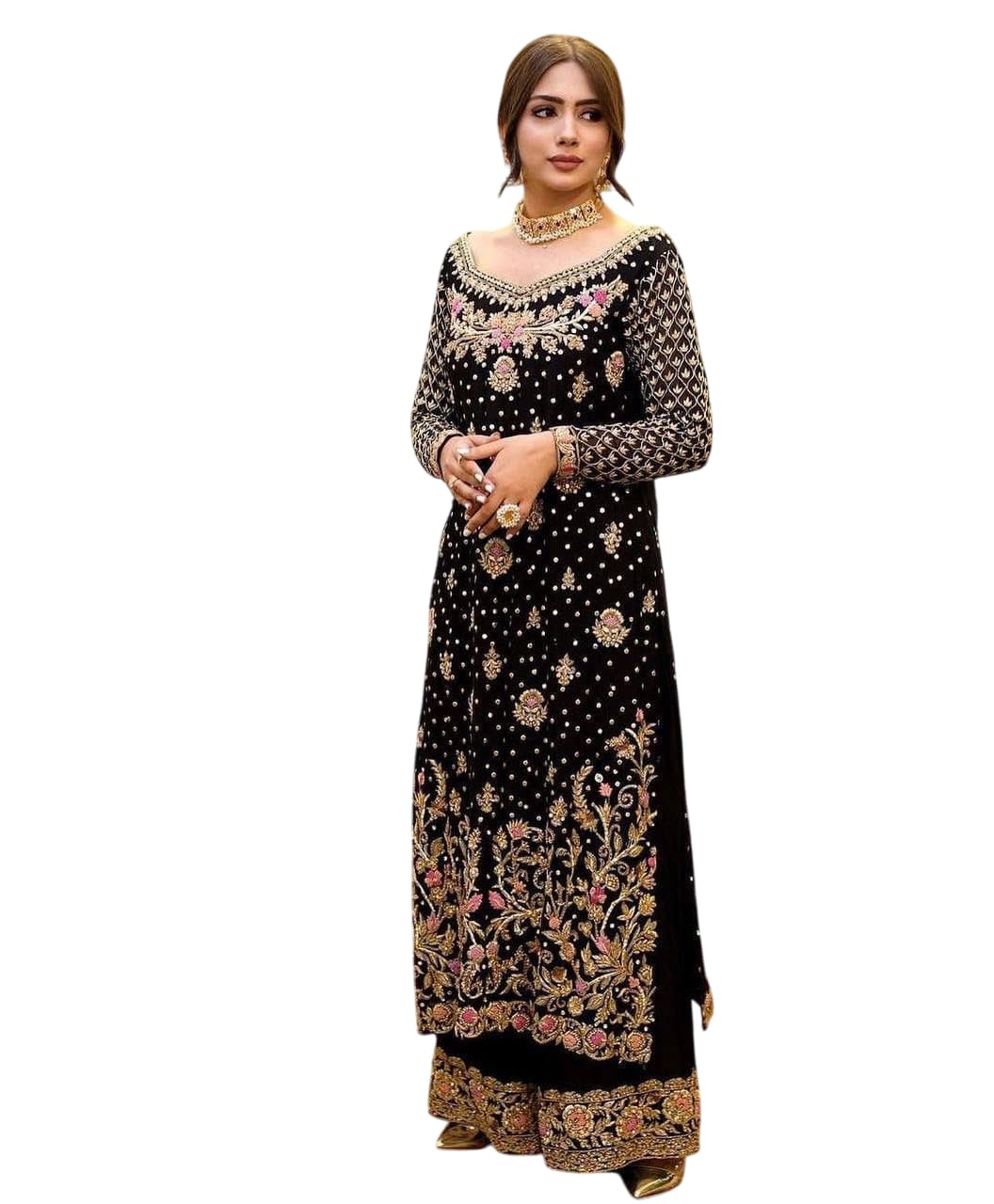 Womens Velvet Embroidery Indian Pakistani Salwar Suit Set Ethnic Dress Eid Ramzan Pakistani Dress-AP7
