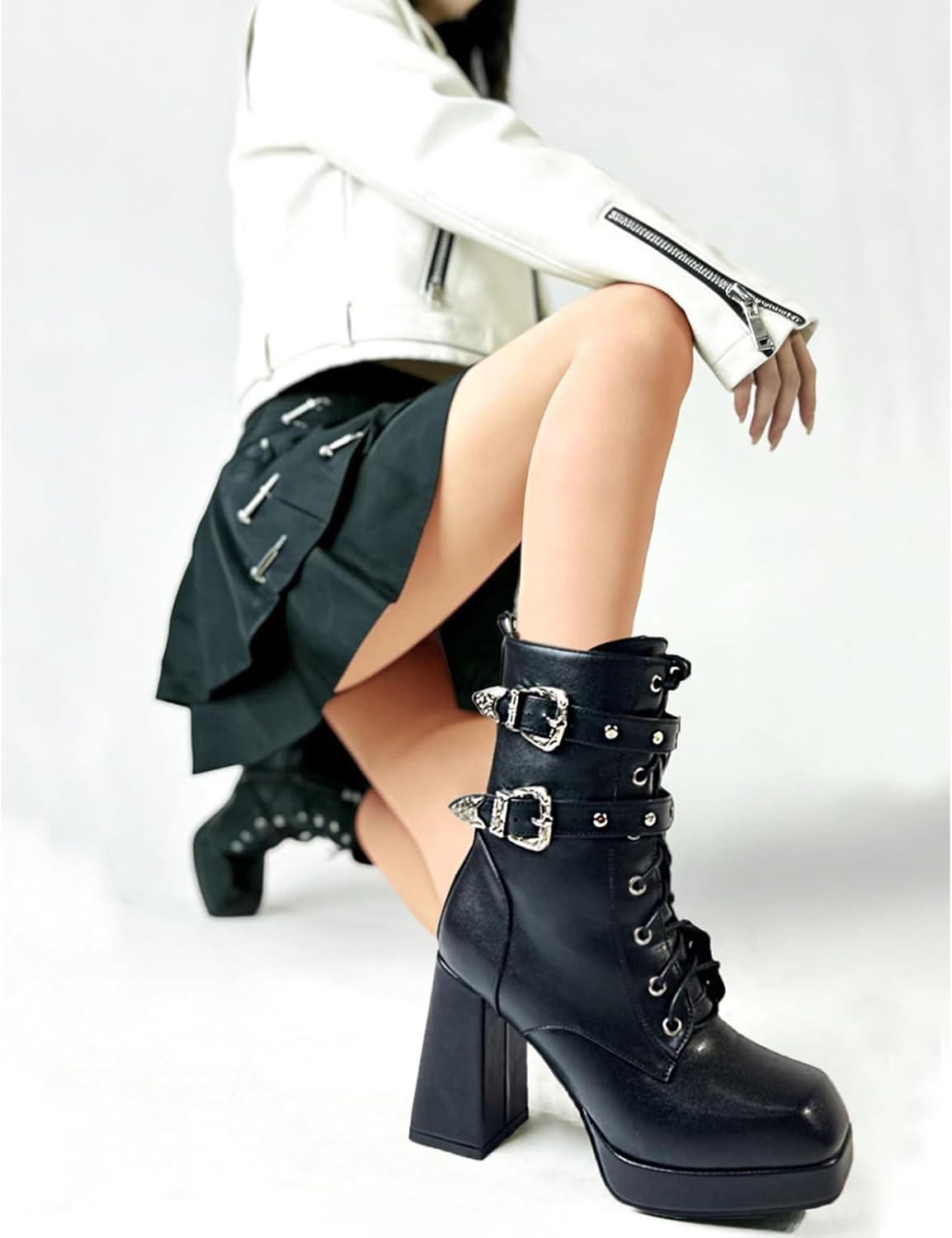 MEOTINA Goth Platform Boots Lace Buckle Gothic Cosplay Booties Chunky High Heels Ankle Boots Zipper Punk Shoes - Image 2