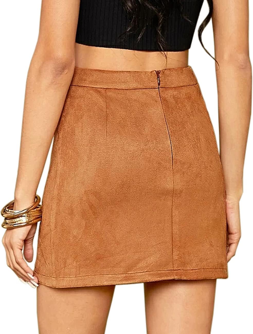 Mulisky Skirts for Women, Faux Suede High Waist Side Split Zipper Mini Skirts - Image 2