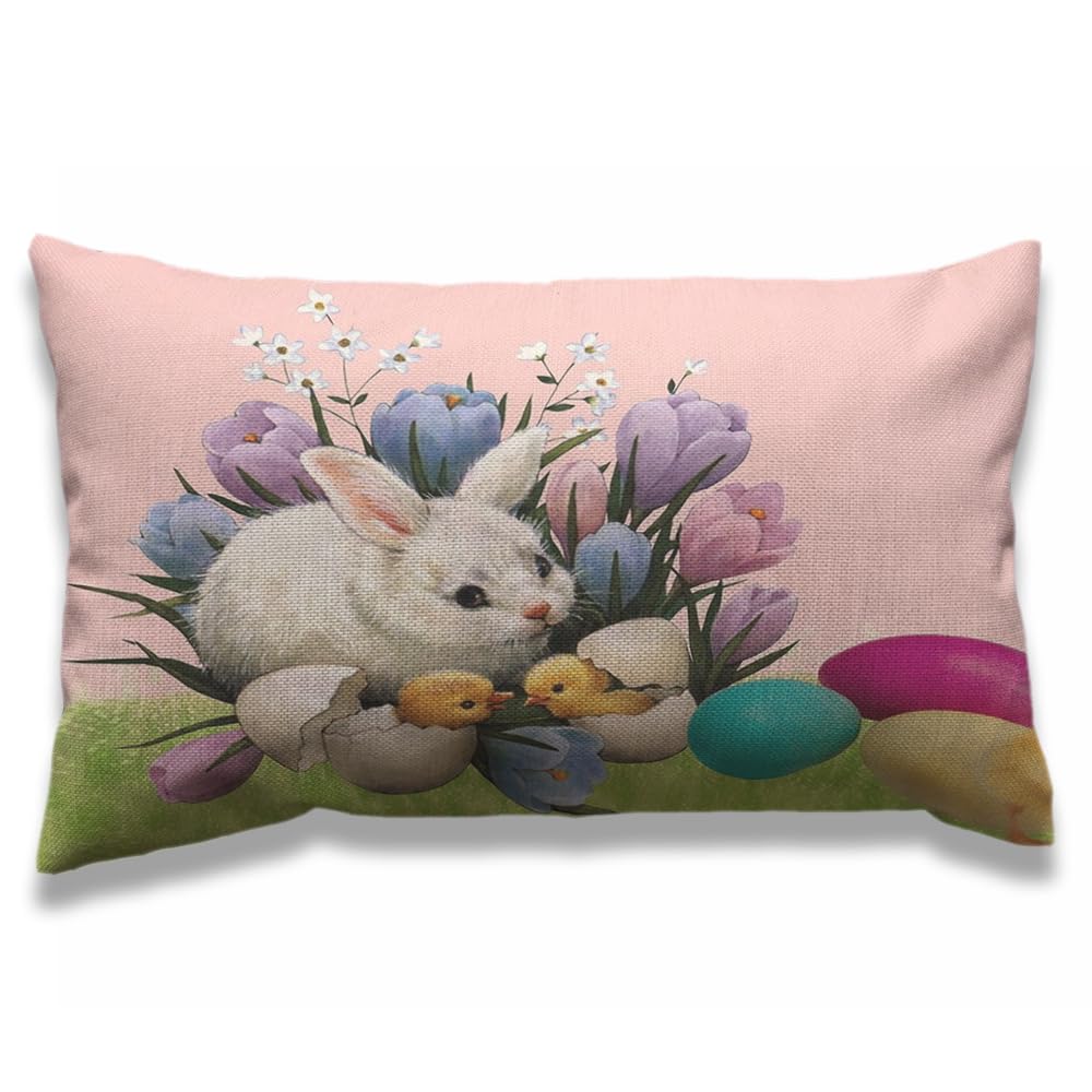 AOYEGO White Rabbit Colorful Eggs Pillow Case 12x20 Inch Easter Flower Chick Rectangle Throw Pillow Covers Home Decor Cotton Linen Cushion for Men Women Boys Girls
