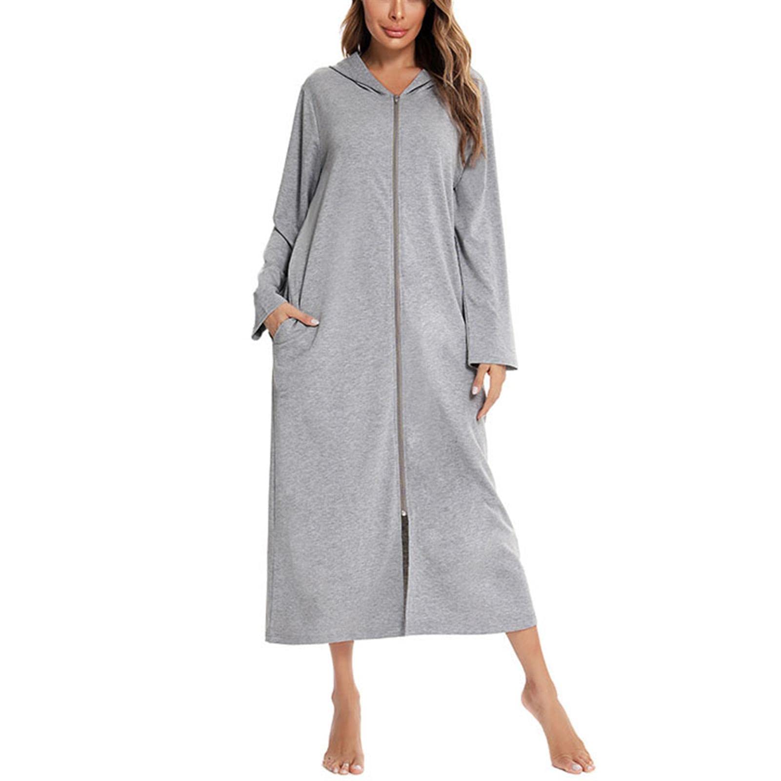 Robe De Chambre Longue à Manches Longues En Coton Avec Capuche Et Fermeture éclair Pour Femme, Noir, Petit