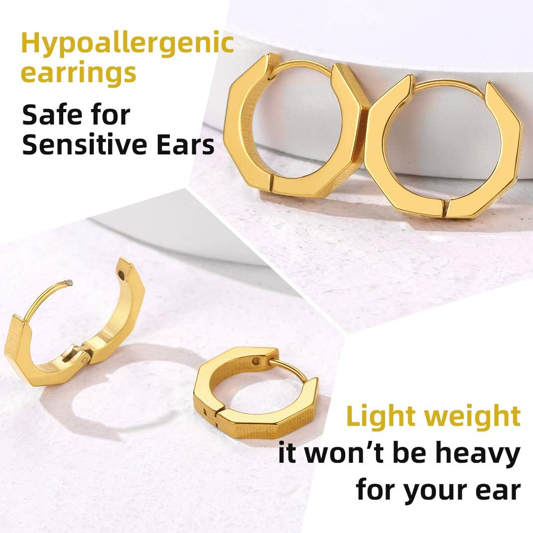 GoldChic Gold Stainless Steel Huggie Earrings for Men Geometric Octagon Small Stud Punk Pierced Hypoallergenic Earring Cool Men's Jewellery For Boys - Image 5