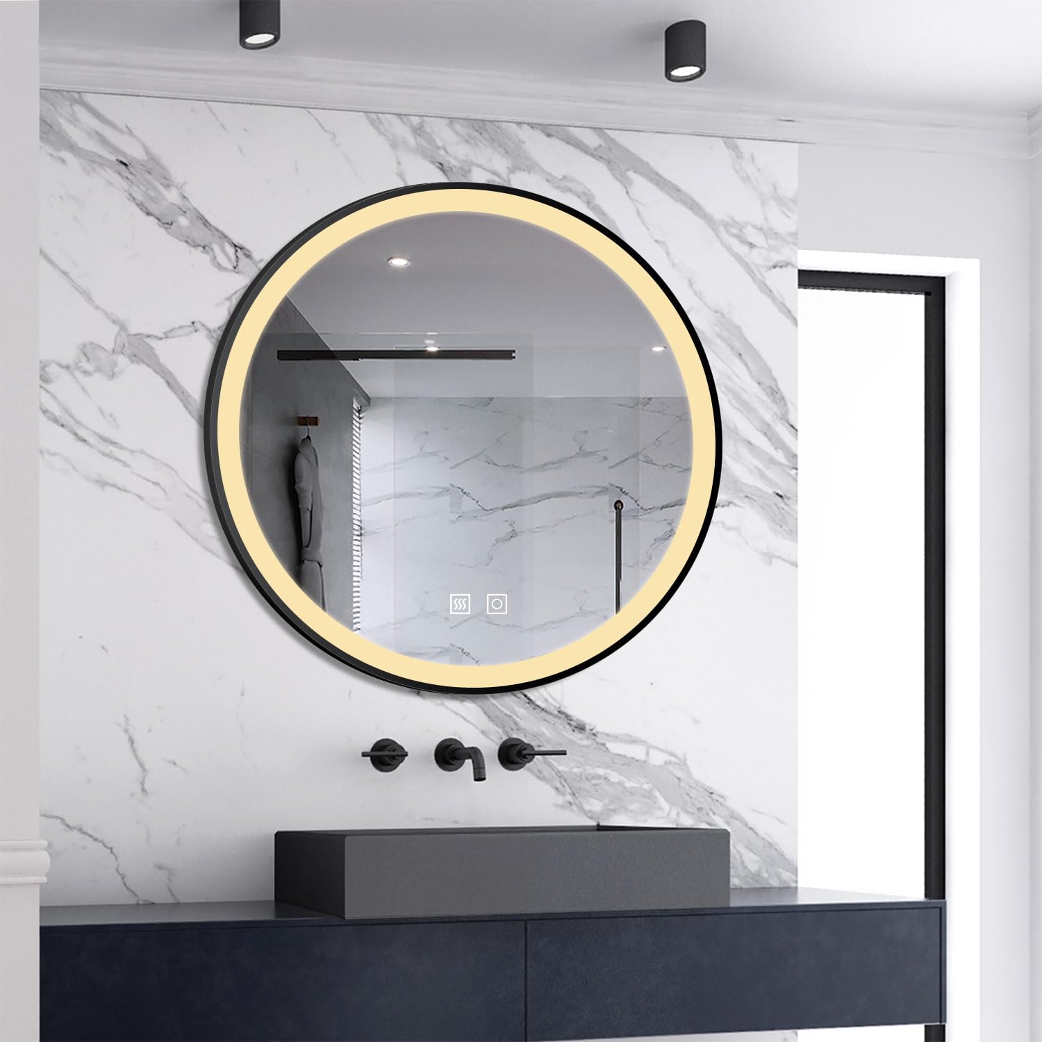Skybathroom 600x600mm Round LED Bathroom Black Frame Mirror with Adjustable LED Lights Dimmable Brightness,Memory Function,Anti-fog,IP44