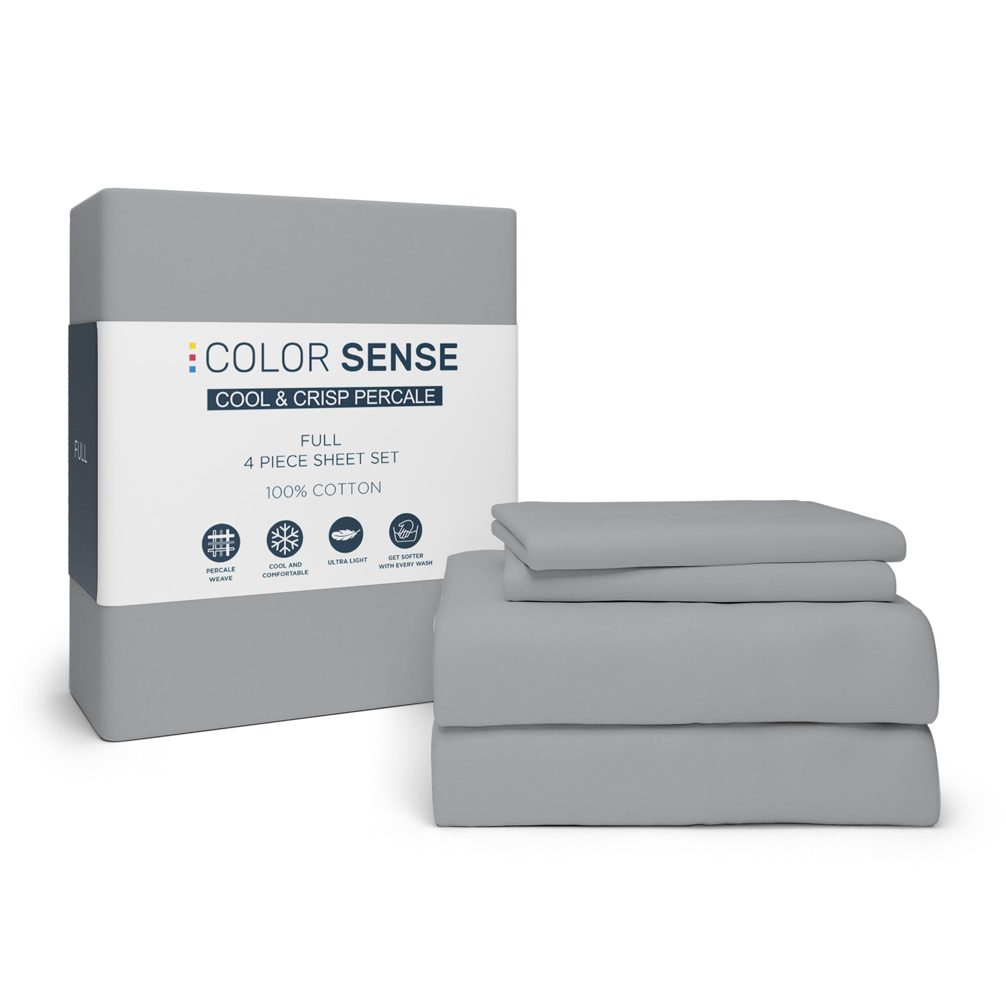 Color Sense Twin Light Gray, 100% Cotton Sheet Set, 300 Thread Count, Wrinkle-Resistant, Ultra Soft & Silky Sateen Hotel Quality Bed Sheets with Elasticized Deep Pocket, 3 Piece Cotton Bedding Set