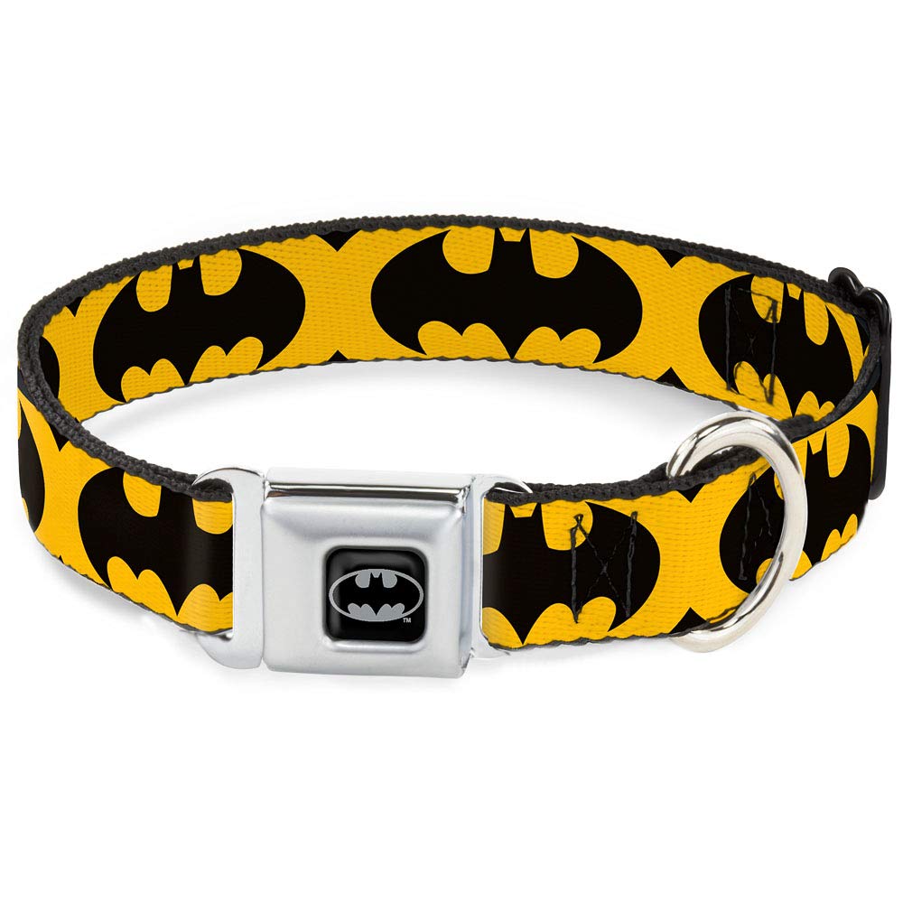 Dog Collar Seatbelt Buckle Bat Signal 5 Black Yellow Black 16 to 23 Inches 1.5 Inch Wide
