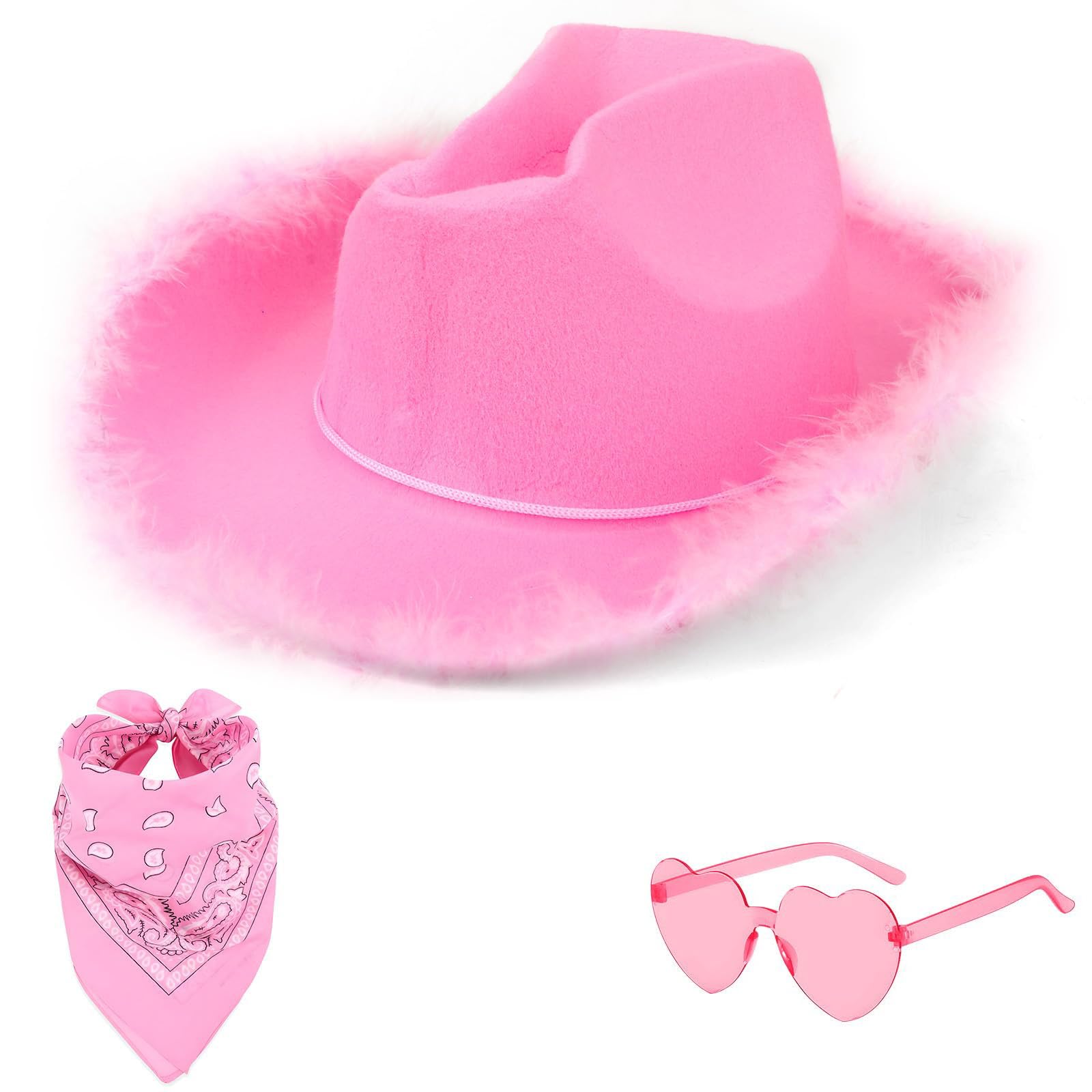 CelestiMingle Pink Cowboy Hat - 3 Piece Set Cowgirl Hat with Bandana and Heart Sunglasses, Cowgirl Outfits for Women, Fancy Dress Party Accessory Country Western Rancher Wild West (A)