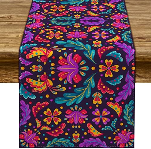 Linen 13x72 Mexican Table Runner for Dia De Los Muertos Cinco De Mayo Party Decoration Table Cloth Mexican Fiesta Kitchen Dining Table Decor
