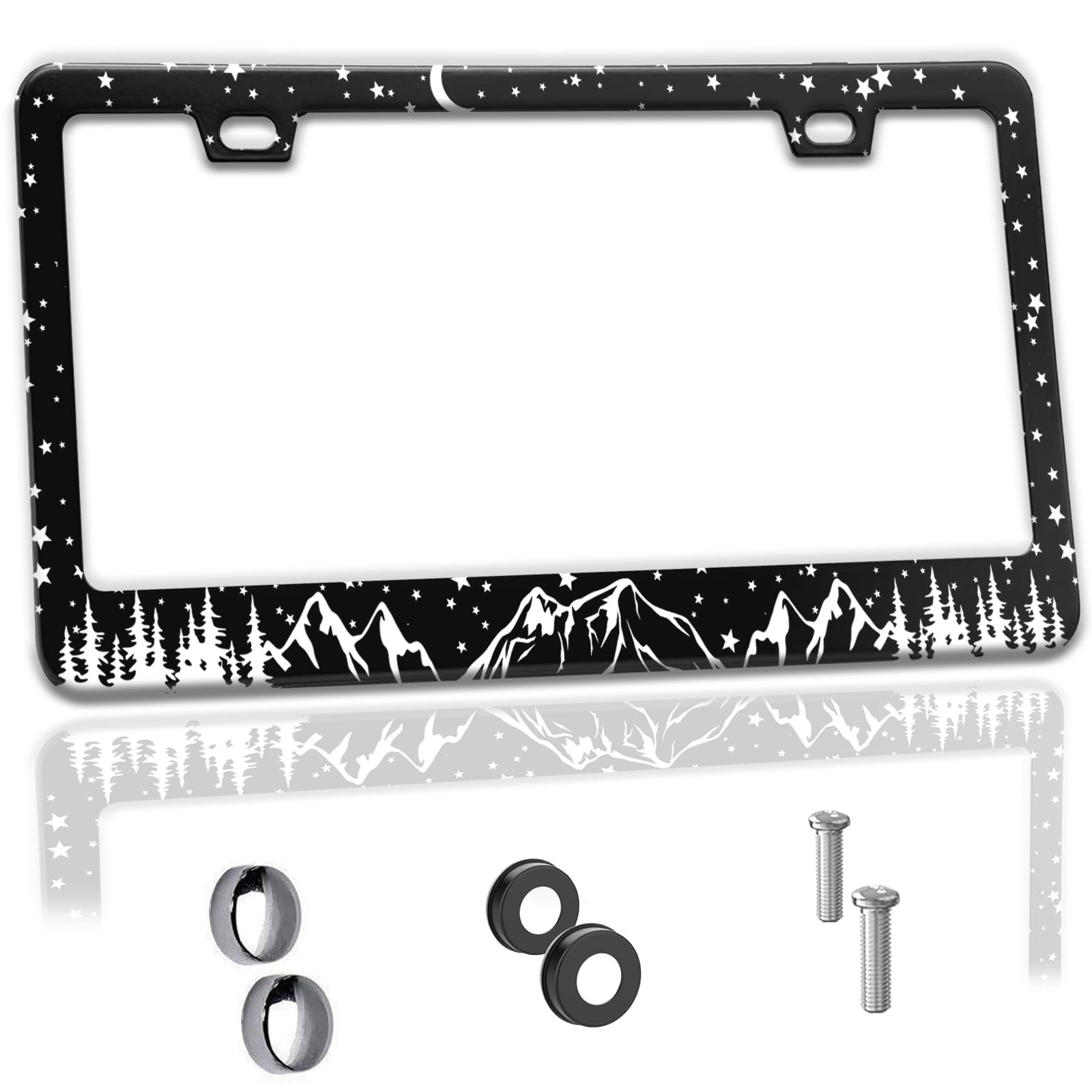 Star Moon Moutain License Plate Frame Cute Funny Black Aluminum License Plate Holder Car Tags Decorative Car Accessories with Screws for Women Men Fit