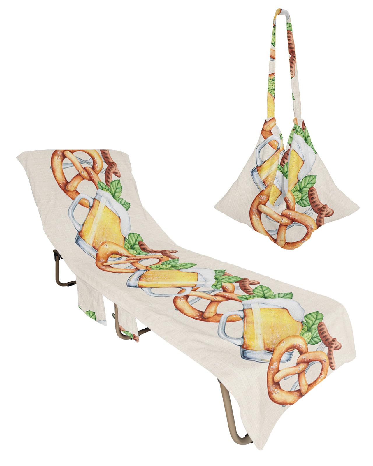 Oktober-fest Beach Chair Towel Covers for Chaise Lounge with Side Pocket, Soft Plush Pool Towels Cover for Patio Sunbathing Outdoor 29''x85'' Beer Holiday Bread Sausage Farmhouse