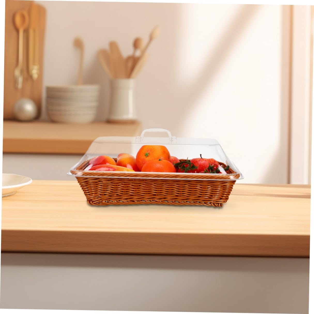 Luxshiny Rattan Woven Storage Basket with Lid 40x30x15cm, Handcrafted Multipurpose Fruit and Bread Basket for Kitchen, Outdoor Picnic, and Tabletop Food Serving
