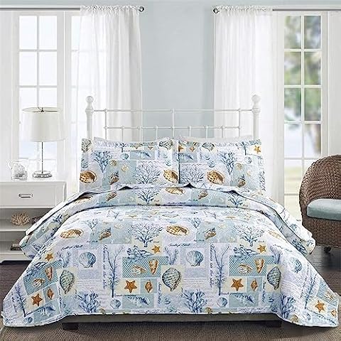 Green Essen Coastal Beach Bedding Bedspreads Full/Queen Size Blue White Plaid Conch Shell Starfish Coral Ocean Quilts Soft Lightweight Lodge Coverlet Bed Cover Blanket Set Cover