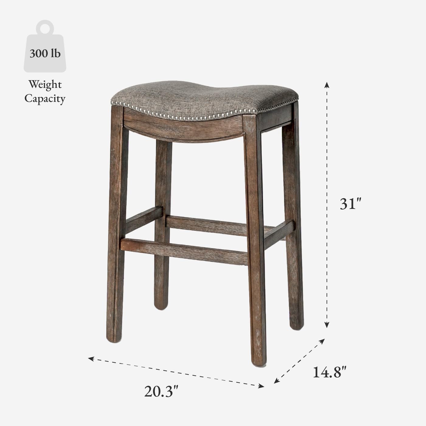 Maven Lane Adrien Backless Bar Stool – Set of 3 – 31 Inch Saddle Seat with Footrest – Brown Solid Wood Frame & Grey Fabric Upholstery – Ideal for Bars, Pub Tables & Tall Kitchen Counters